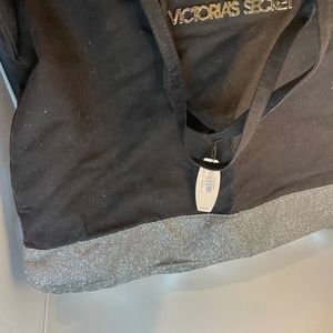 Victoria's Secret Tote - Black with Silver Sparkle Stripe and Silver Bottom